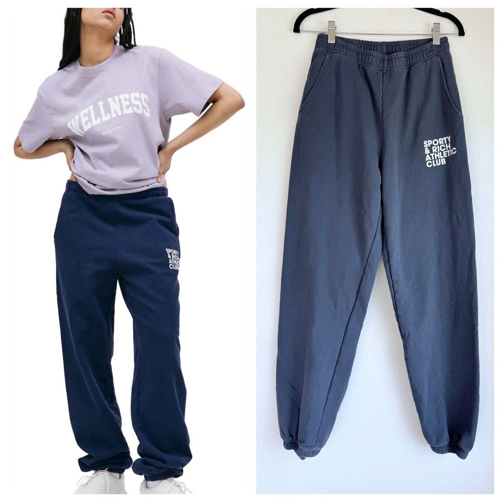 EUC Sporty & Rich Athletic Club Unisex Exersize Often Logo Joggers in Navy Sz S